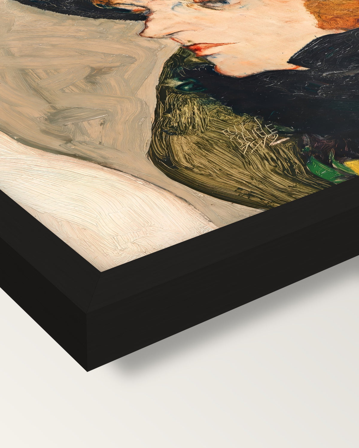 Portrait of Ida Roessler by Schiele framed print, corner close-up: black moulding, mitred, the print set just below its edge