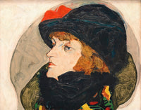 Portrait of Ida Roessler by Egon Schiele: a woman in profile, red-gold hair, a big black hat with a red band and black fur