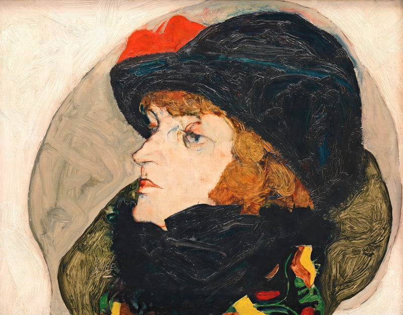 Portrait of Ida Roessler by Egon Schiele: a woman in profile, red-gold hair, a big black hat with a red band and black fur