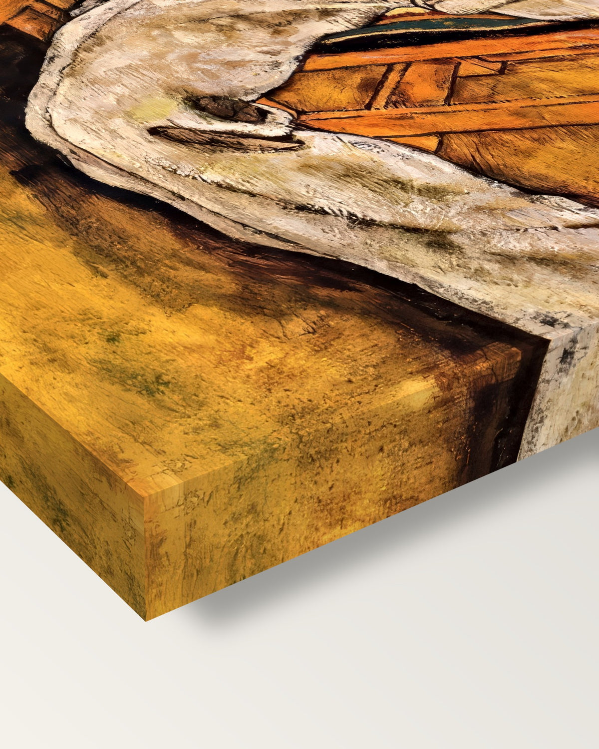 Victor Ritter von Bauer by Egon Schiele on stretched canvas, corner close-up: the painting mirror-wrapped round the sides