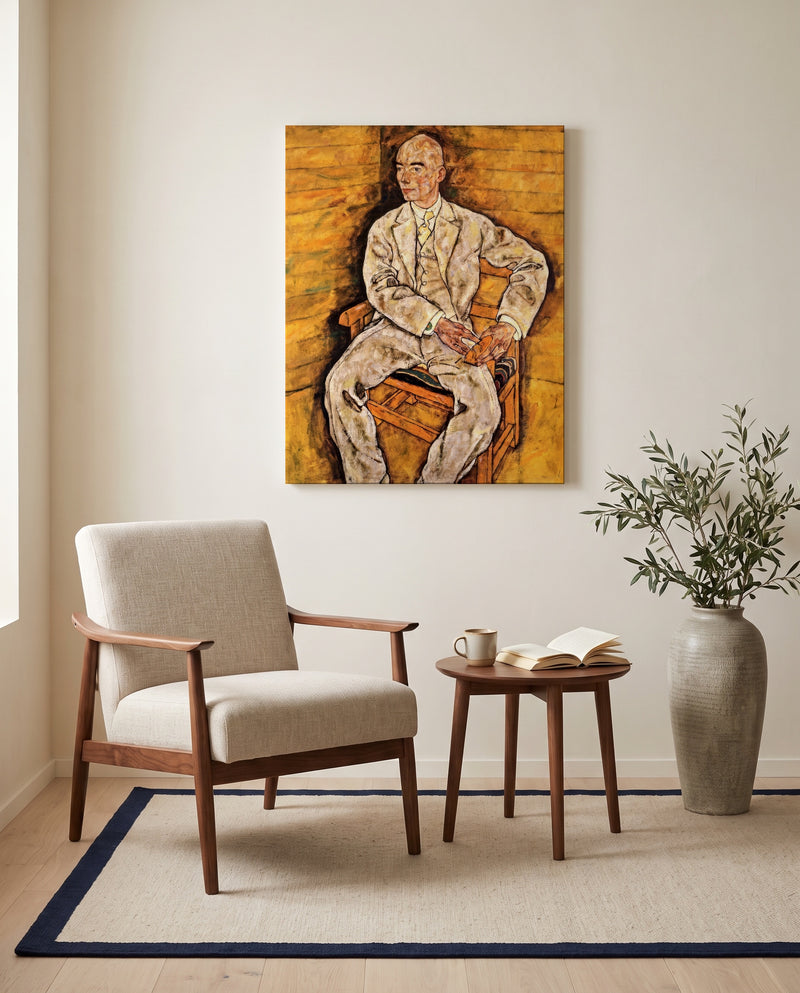 Victor Ritter von Bauer by Egon Schiele as a stretched canvas above a linen lounge chair in a reading corner
