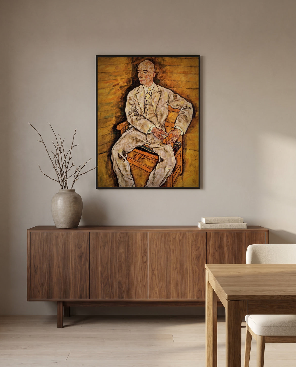 Victor Ritter von Bauer by Egon Schiele in a black frame above a walnut sideboard in a dining room