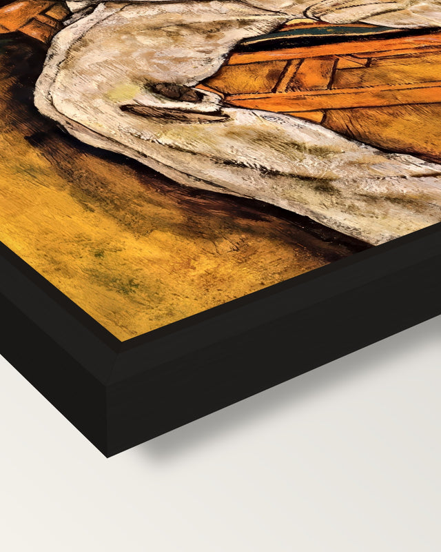 Victor Ritter von Bauer by Schiele framed canvas, corner close-up: a black floating frame with a shadow gap round the canvas