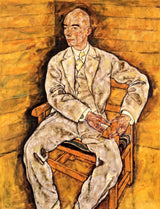 Portrait of Victor Ritter von Bauer by Egon Schiele: a seated man in a pale suit and tie, hands on his thighs, against ochre