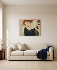 Portrait of Wally by Egon Schiele framed in natural oak above a cream sofa in a warm living room