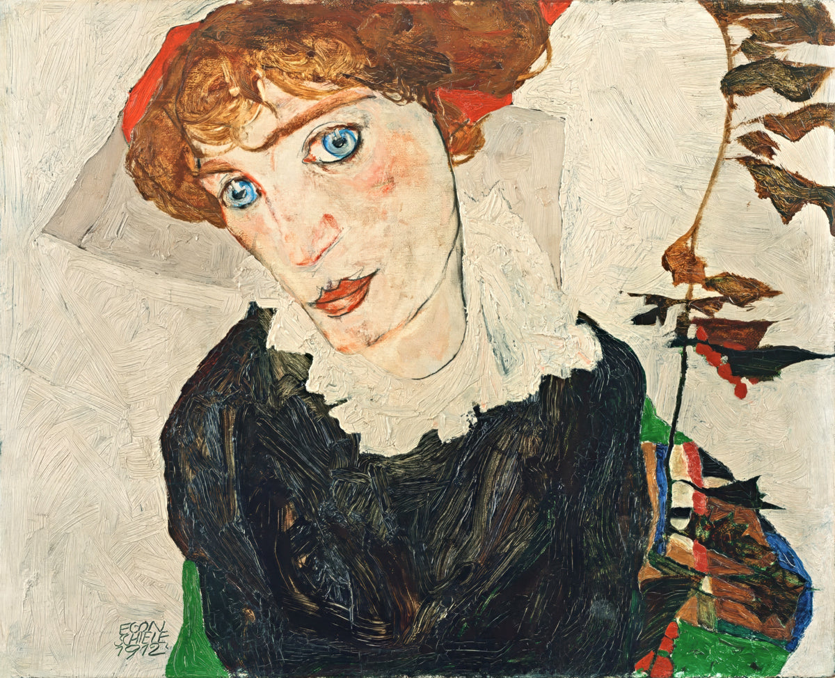 Portrait of Wally Neuzil by Egon Schiele: a young woman with red-gold hair, blue eyes and a white collar, head tilted