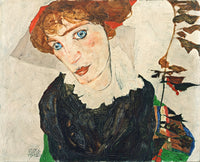 Portrait of Wally Neuzil by Egon Schiele: a young woman with red-gold hair, blue eyes and a white collar, head tilted