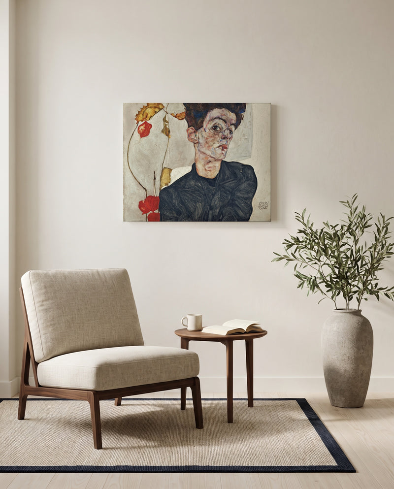 Self-Portrait with Physalis by Egon Schiele as a stretched canvas above a linen lounge chair in a reading corner