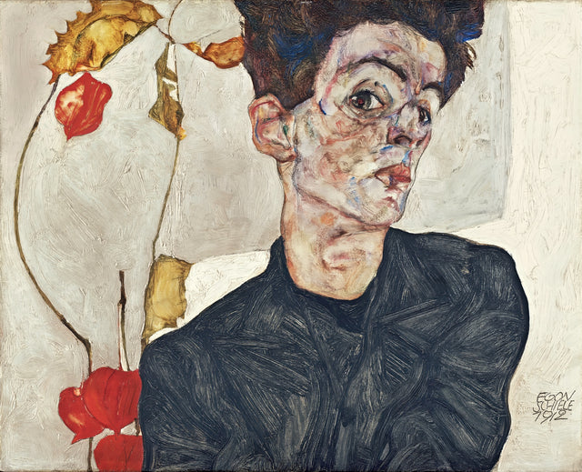 Self-Portrait with Chinese Lantern Plant by Egon Schiele: the artist with dark hair and black coat beside red berries