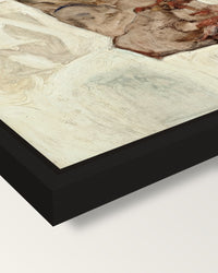 Self-Portrait, Lowered Head framed canvas, corner close-up: a black floating frame with a shadow gap round the canvas