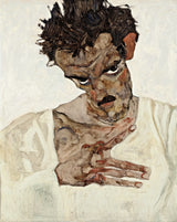 Self-Portrait with Lowered Head by Egon Schiele: a dark-haired young man, head bowed, eyes raised, a hand at his white shirt
