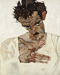 Self-Portrait with Lowered Head by Egon Schiele: a dark-haired young man, head bowed, eyes raised, a hand at his white shirt
