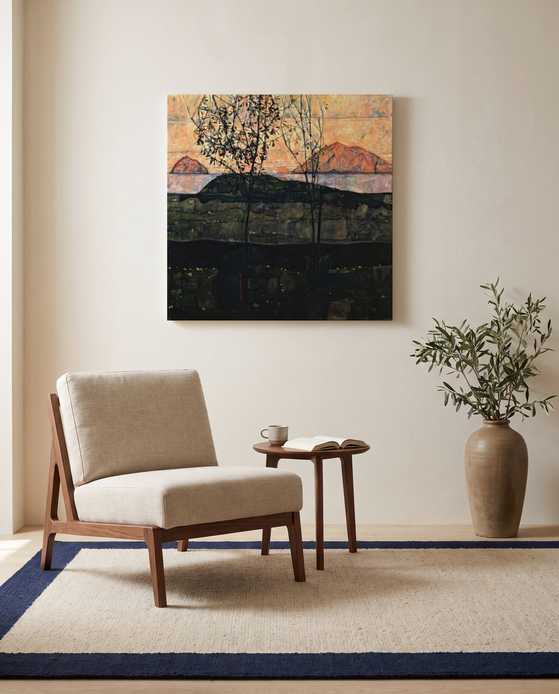Setting Sun by Egon Schiele as a stretched canvas above a linen lounge chair in a reading corner