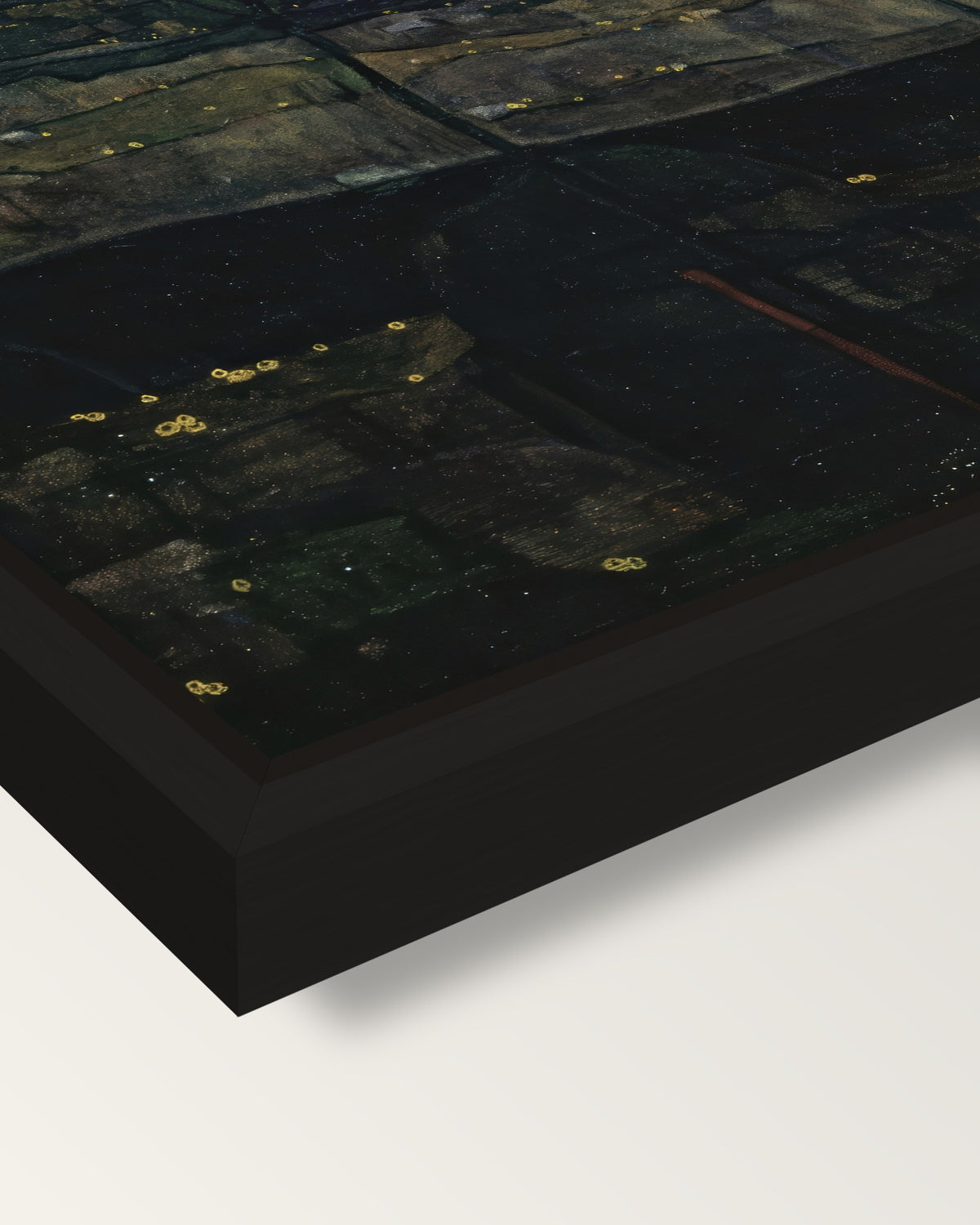 Setting Sun by Egon Schiele framed canvas, corner close-up: a black floating frame with a shadow gap round the canvas
