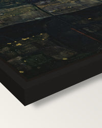 Setting Sun by Egon Schiele framed canvas, corner close-up: a black floating frame with a shadow gap round the canvas