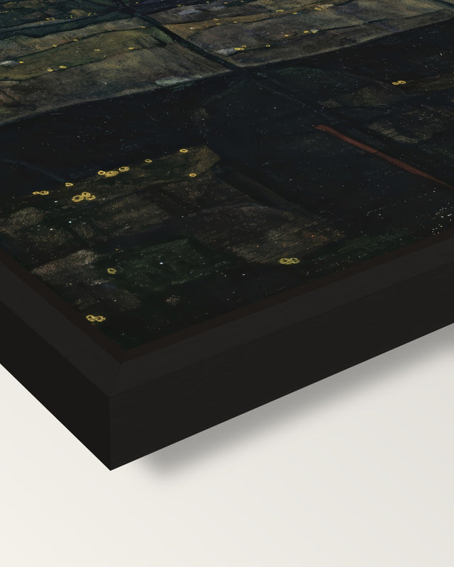 Setting Sun by Egon Schiele framed canvas, corner close-up: a black floating frame with a shadow gap round the canvas