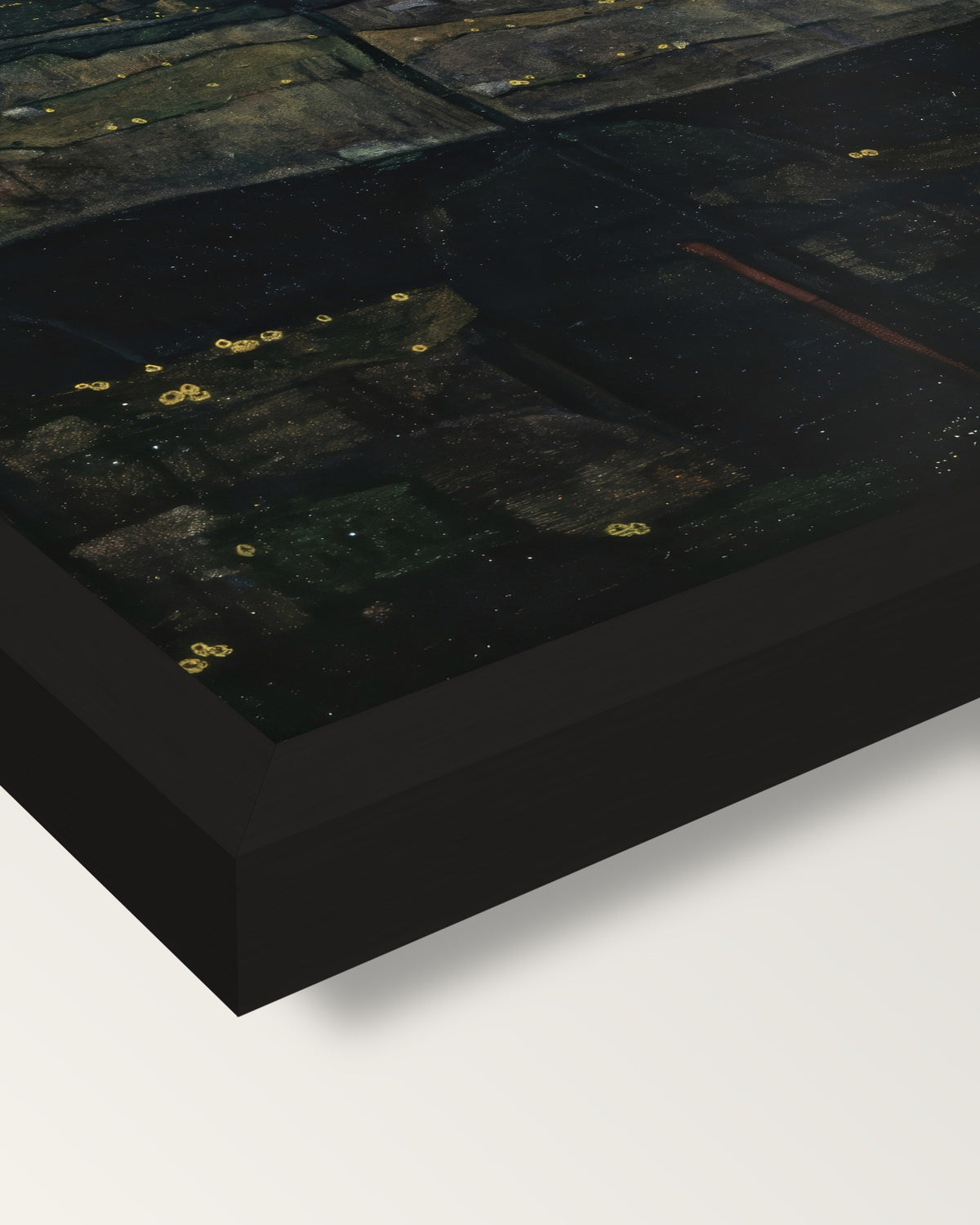 Setting Sun by Egon Schiele framed print, corner close-up: black moulding, mitred, the print set just below its edge