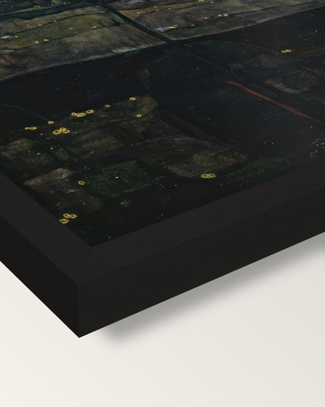 Setting Sun by Egon Schiele framed print, corner close-up: black moulding, mitred, the print set just below its edge