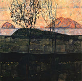 Setting Sun by Egon Schiele: a thin bare tree before dark hills and red mountains under a pink evening sky