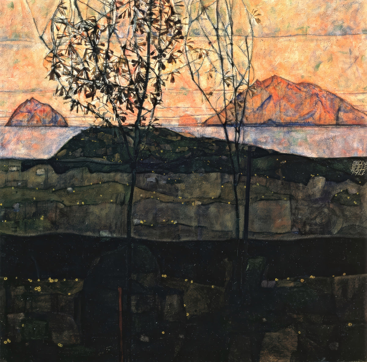 Setting Sun by Egon Schiele: a thin bare tree before dark hills and red mountains under a pink evening sky