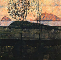 Setting Sun by Egon Schiele: a thin bare tree before dark hills and red mountains under a pink evening sky