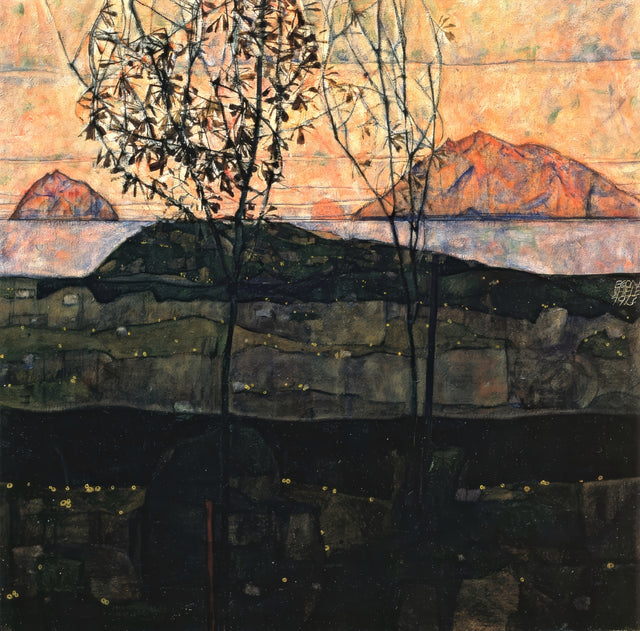 Setting Sun by Egon Schiele: a thin bare tree before dark hills and red mountains under a pink evening sky
