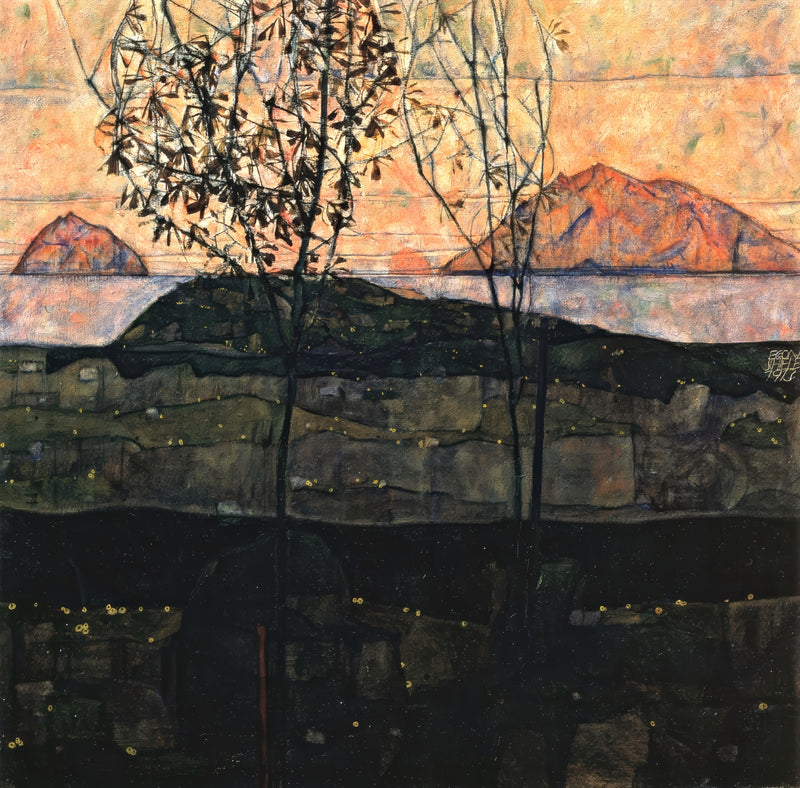 Setting Sun by Egon Schiele: a thin bare tree before dark hills and red mountains under a pink evening sky