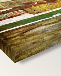 Stein on the Danube by Egon Schiele on stretched canvas, corner close-up: the painting mirror-wrapped round the sides