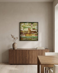 Stein on the Danube by Egon Schiele in a black frame above a walnut sideboard in a dining room