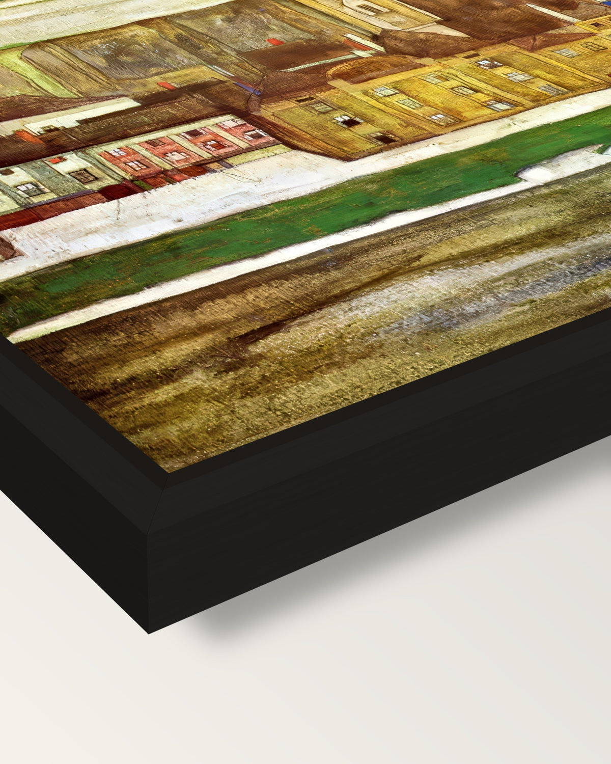 Stein on the Danube by Egon Schiele framed canvas, corner close-up: a black floating frame with a shadow gap round the canvas