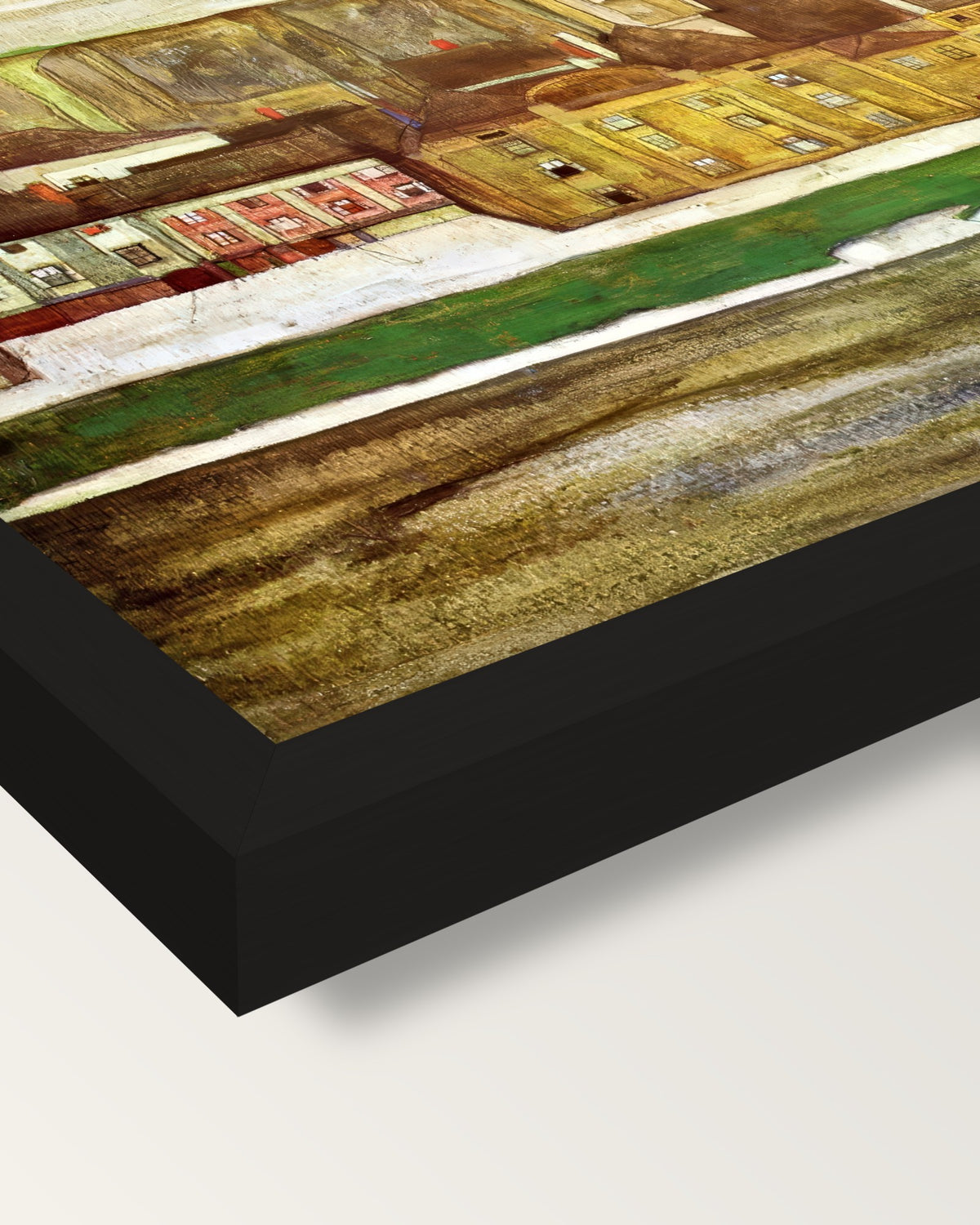 Stein on the Danube by Egon Schiele framed print, corner close-up: black moulding, mitred, the print set just below its edge