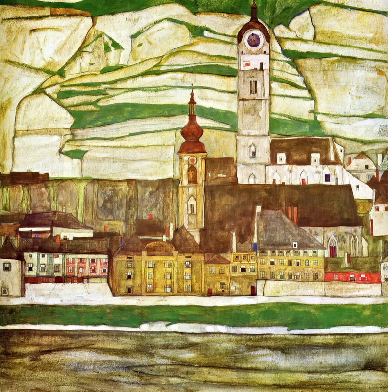 Stein on the Danube by Egon Schiele: a town with two church towers in bands of white, green and brown above the river