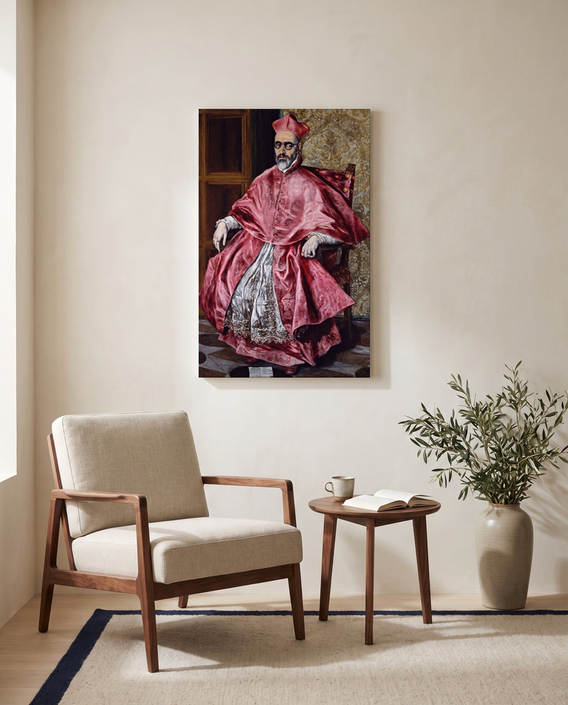 Cardinal Niño de Guevara by El Greco as a stretched canvas above a linen lounge chair in a reading corner