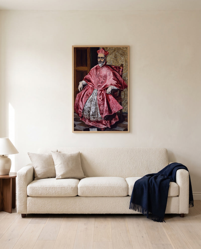 Cardinal Niño de Guevara by El Greco framed in natural oak above a cream sofa in a warm living room