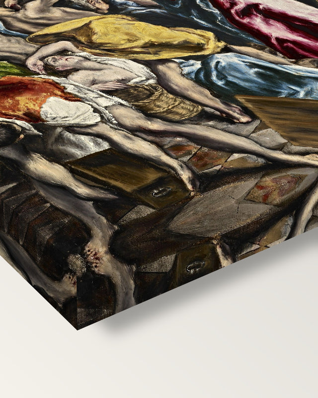 Money Changers by El Greco on stretched canvas, corner close-up: the painting mirror-wrapped round the sides