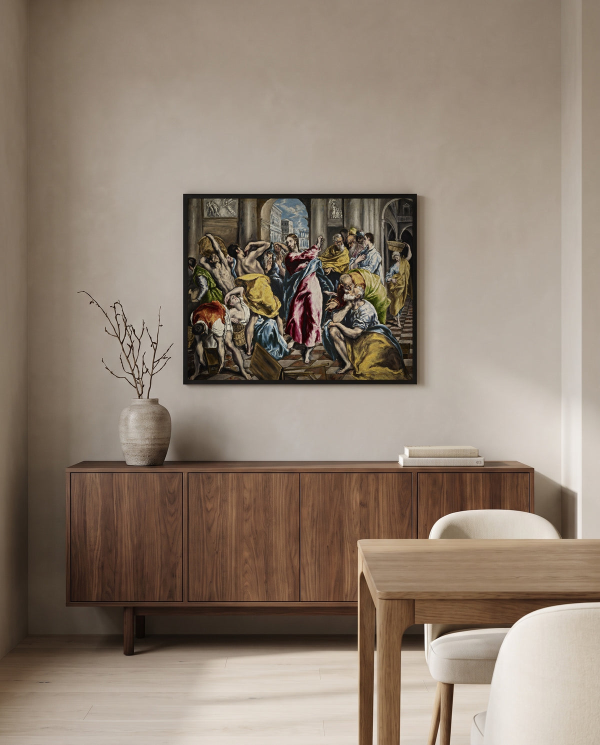 Money Changers by El Greco in a black frame above a walnut sideboard in a dining room