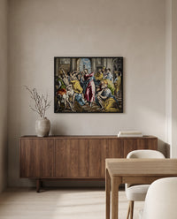Money Changers by El Greco in a black frame above a walnut sideboard in a dining room
