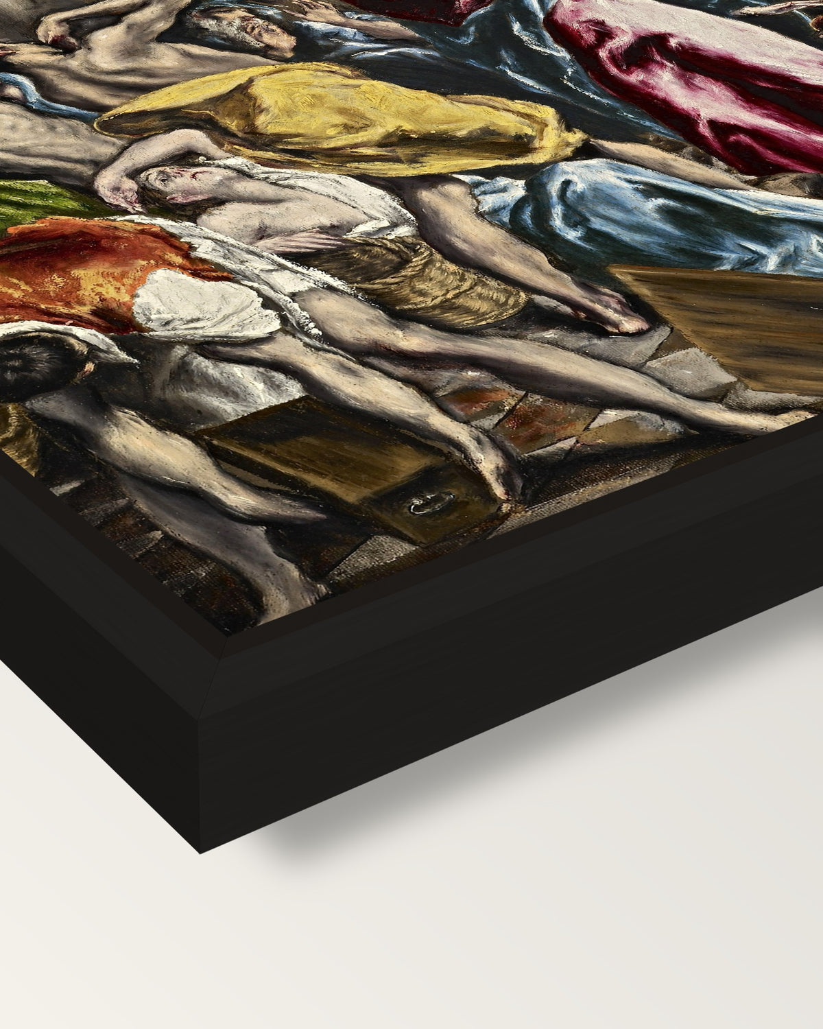 Money Changers by El Greco framed canvas, corner close-up: a black floating frame with a shadow gap round the canvas