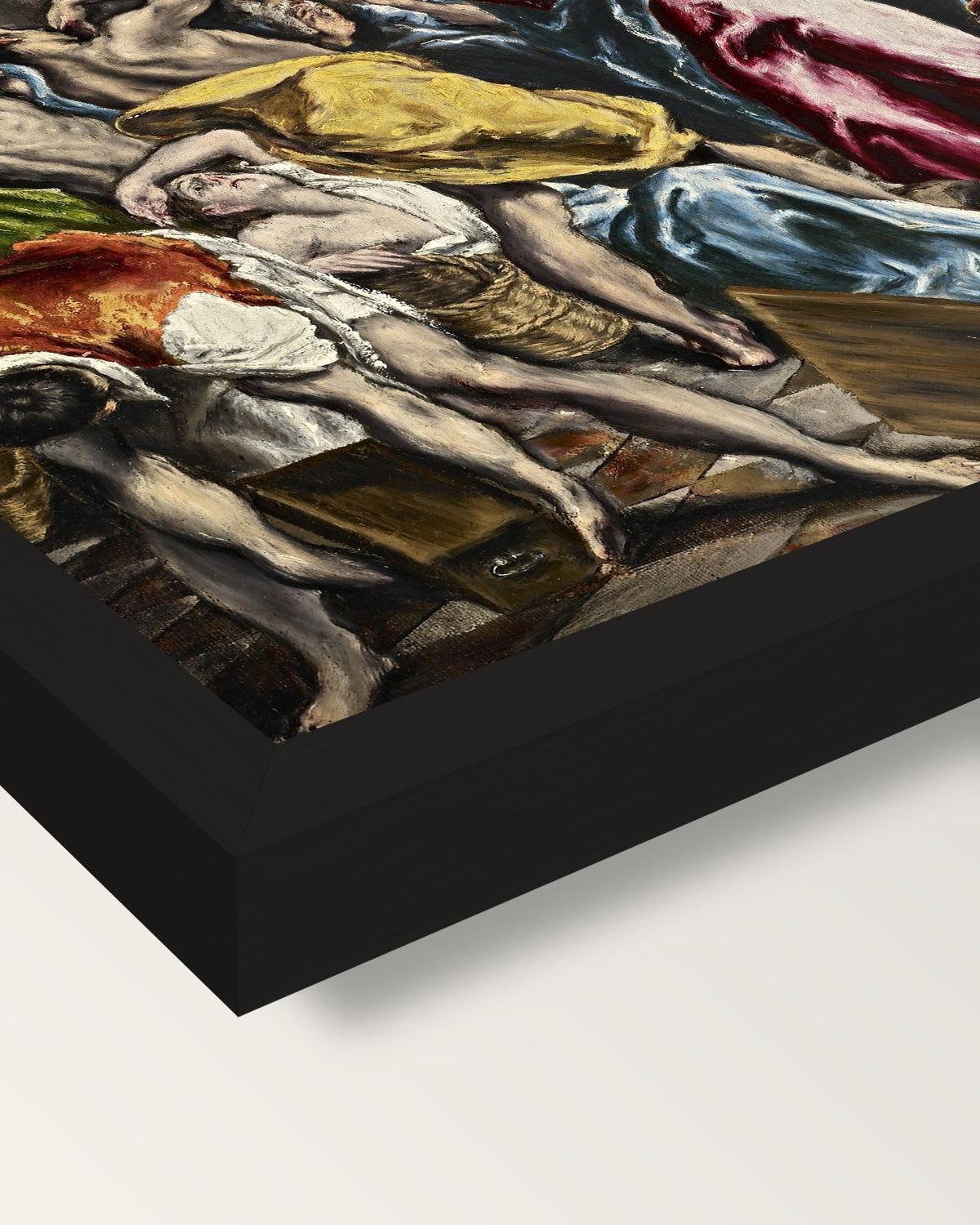 Money Changers by El Greco framed print, corner close-up: black moulding, mitred, the print set just below its edge