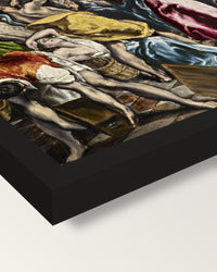 Money Changers by El Greco framed print, corner close-up: black moulding, mitred, the print set just below its edge