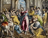 Christ Driving the Money Changers by El Greco: Christ in a red robe raises his arm as traders twist and fall around him