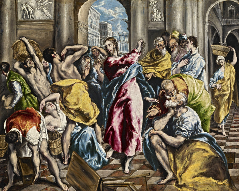Christ Driving the Money Changers by El Greco: Christ in a red robe raises his arm as traders twist and fall around him