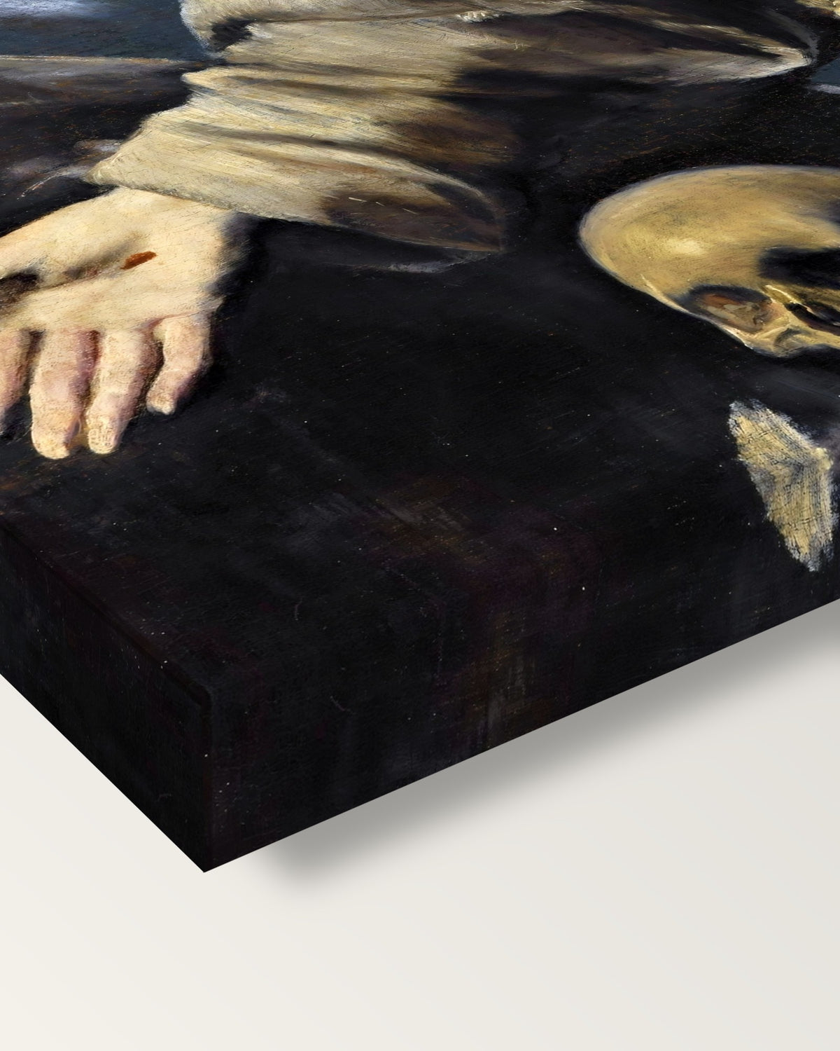 Ecstasy of Saint Francis by El Greco on stretched canvas, corner close-up: the painting mirror-wrapped round the sides
