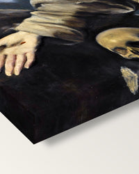 Ecstasy of Saint Francis by El Greco on stretched canvas, corner close-up: the painting mirror-wrapped round the sides