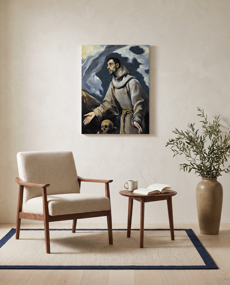 Ecstasy of Saint Francis by El Greco as a stretched canvas above a linen lounge chair in a reading corner