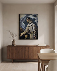 Ecstasy of Saint Francis by El Greco in a black frame above a walnut sideboard in a dining room