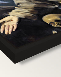 Ecstasy of Saint Francis by Greco framed canvas, corner close-up: a black floating frame with a shadow gap round the canvas