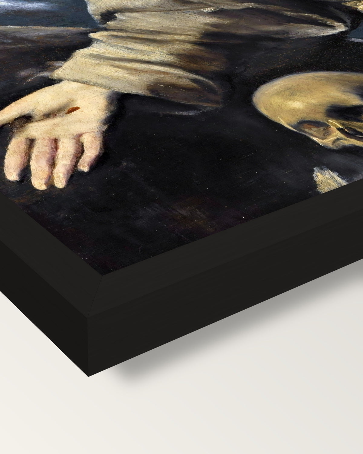 Ecstasy of Saint Francis by El Greco framed print, corner close-up: black moulding, mitred, the print set just below its edge