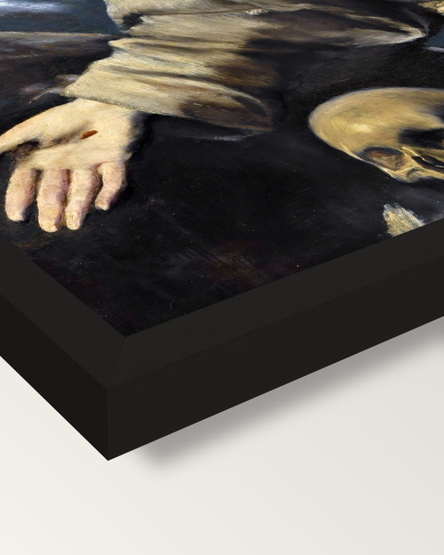 Ecstasy of Saint Francis by El Greco framed print, corner close-up: black moulding, mitred, the print set just below its edge