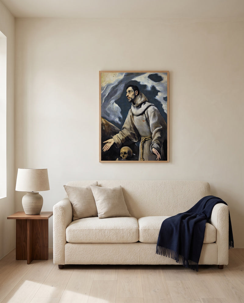 Ecstasy of Saint Francis by El Greco framed in natural oak above a cream sofa in a warm living room